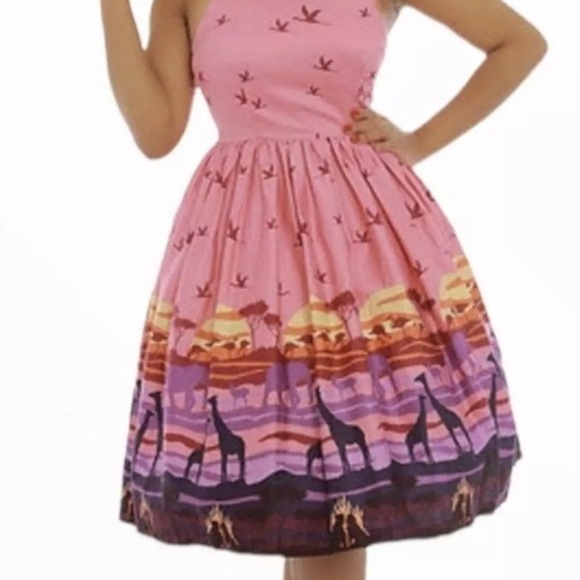 Lindy Bop Size 22 Pink Safari Pin Up Dress Giraffe Bird Tree Scene - Picture 2 of 9